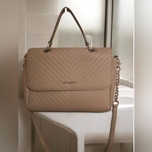 Karl Lagerfeld Paris Quilted Taupe Satchel Bag | Crossbody Chain Strap